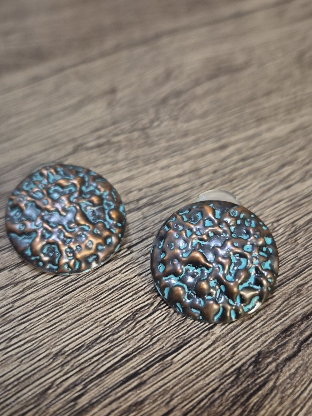 Bronze Teal Hammered Metal Textured Oversized Round Earrings